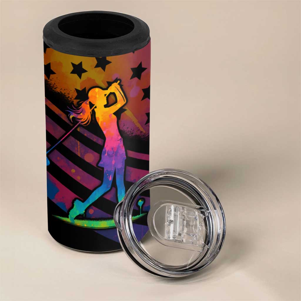 Colorful Golf 4 in 1 Can Cooler Tumbler Watercolor American Flag Female Golfer Silhouette in Rainbow Gradient - Wonder Print Shop