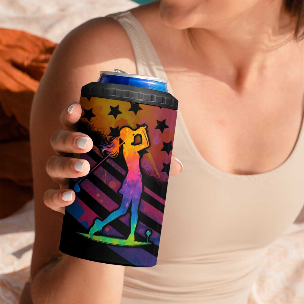 Colorful Golf 4 in 1 Can Cooler Tumbler Watercolor American Flag Female Golfer Silhouette in Rainbow Gradient - Wonder Print Shop