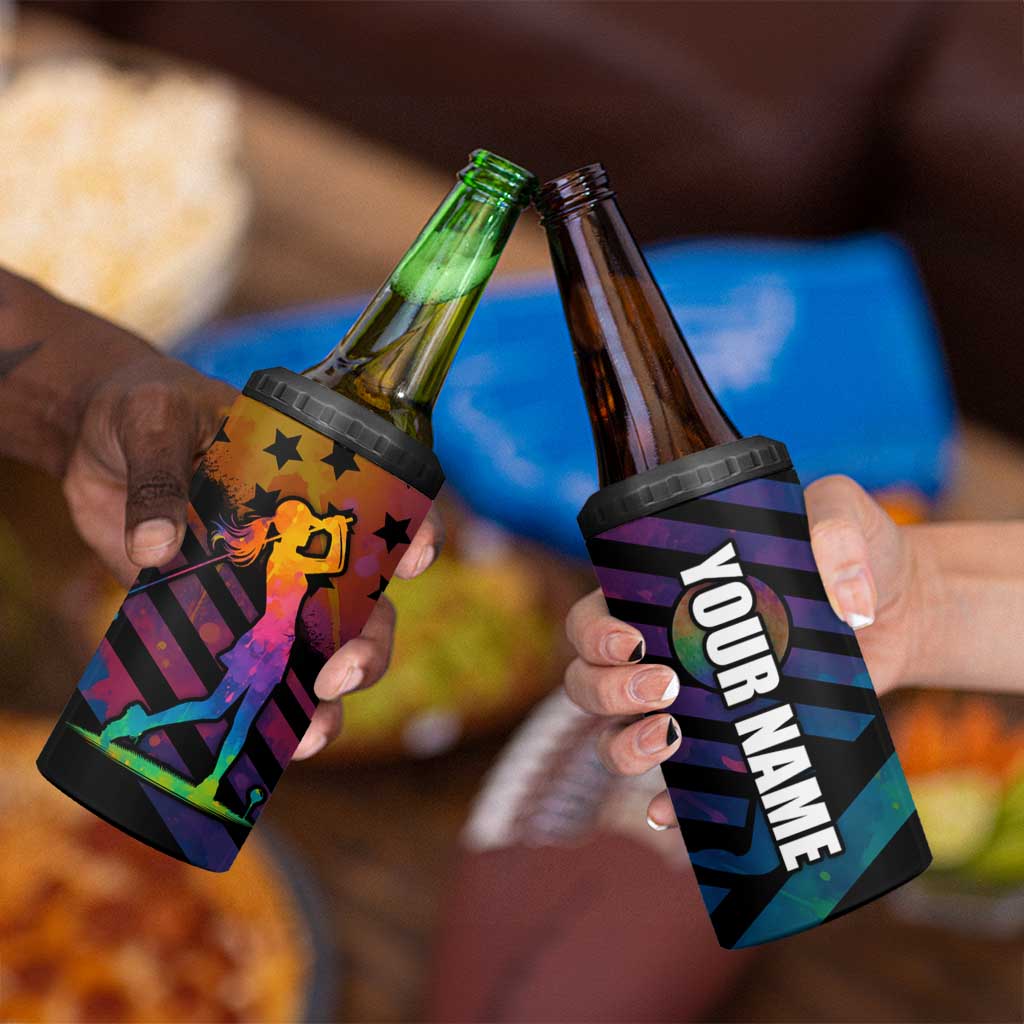 Colorful Golf 4 in 1 Can Cooler Tumbler Watercolor American Flag Female Golfer Silhouette in Rainbow Gradient - Wonder Print Shop