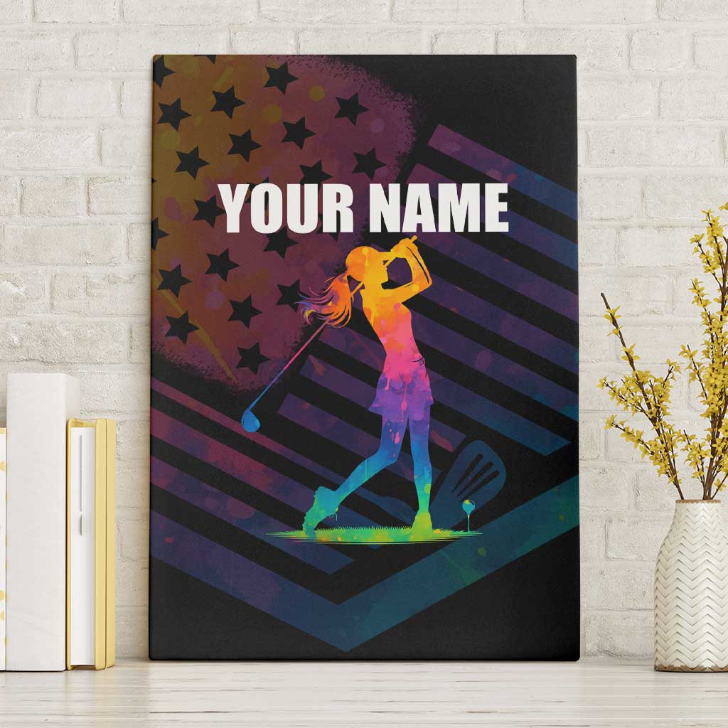 Colorful Golf Canvas Wall Art Watercolor American Flag Female Golfer Silhouette in Rainbow Gradient - Wonder Print Shop