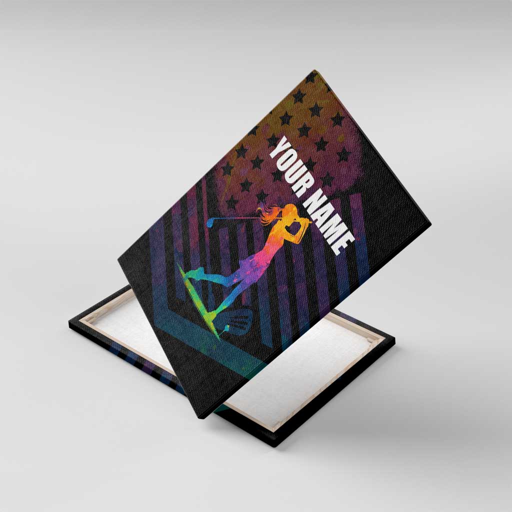 Colorful Golf Canvas Wall Art Watercolor American Flag Female Golfer Silhouette in Rainbow Gradient - Wonder Print Shop
