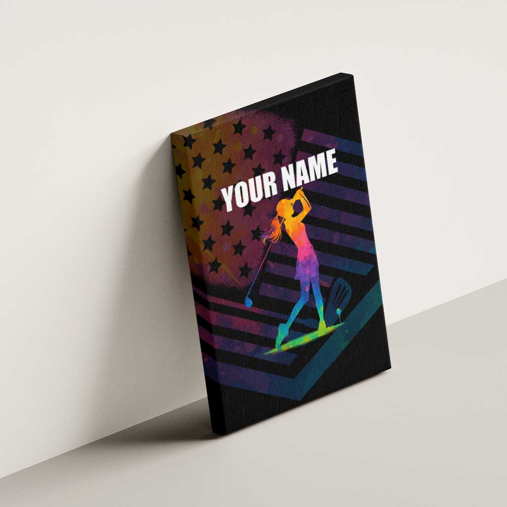 Colorful Golf Canvas Wall Art Watercolor American Flag Female Golfer Silhouette in Rainbow Gradient - Wonder Print Shop