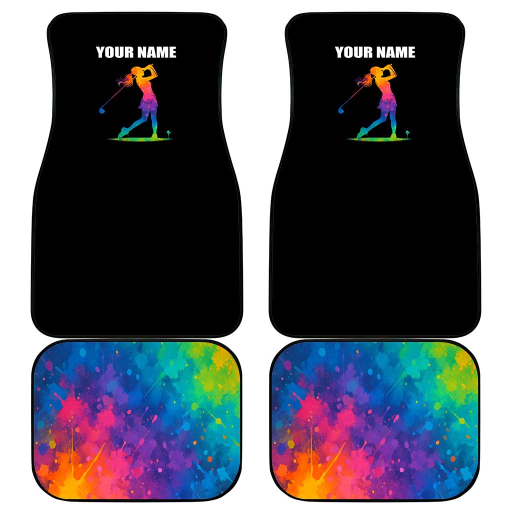 Colorful Golf Car Mats Watercolor American Flag Female Golfer Silhouette in Rainbow Gradient - Wonder Print Shop