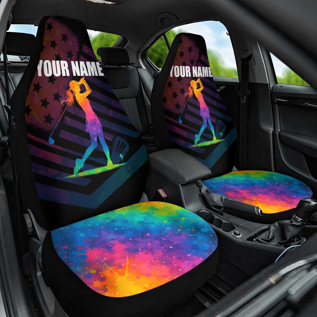 Colorful Golf Car Seat Cover Watercolor American Flag Female Golfer Silhouette in Rainbow Gradient - Wonder Print Shop
