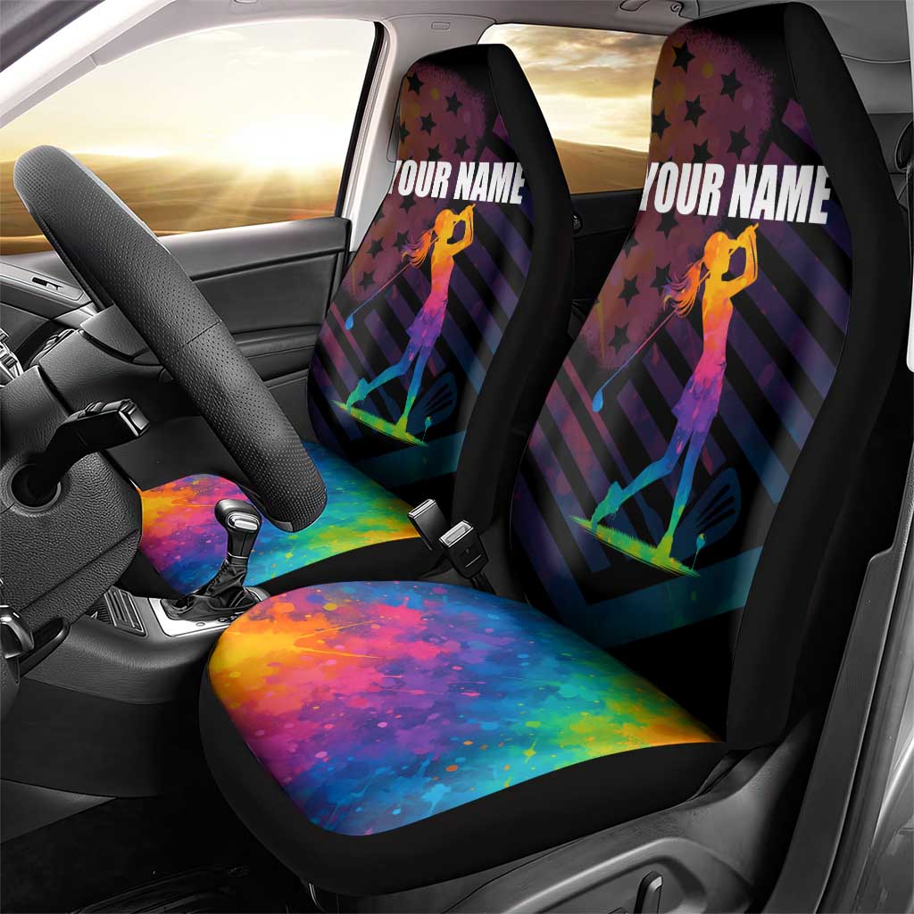 Colorful Golf Car Seat Cover Watercolor American Flag Female Golfer Silhouette in Rainbow Gradient - Wonder Print Shop