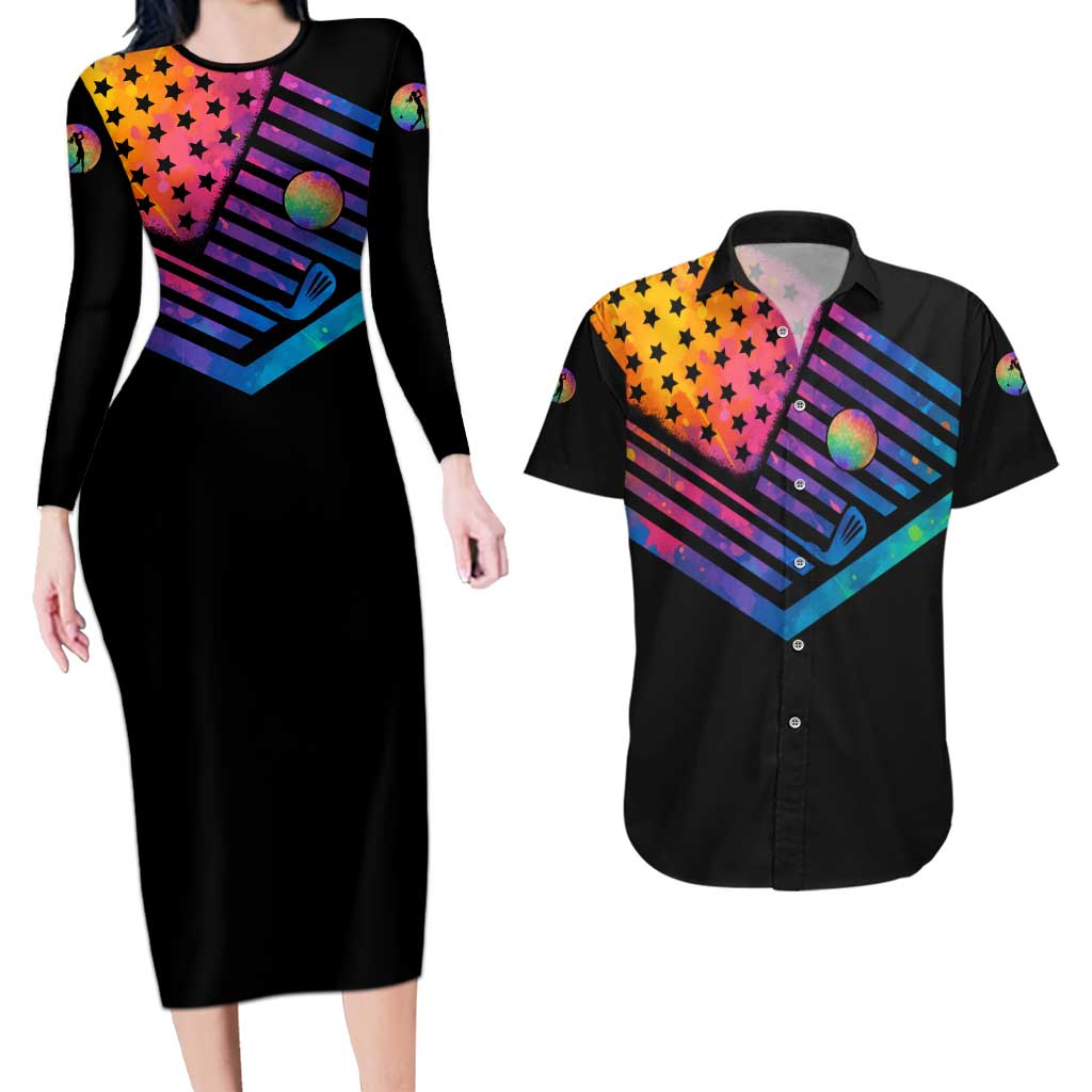 Colorful Golf Couples Matching Long Sleeve Bodycon Dress and Hawaiian Shirt Watercolor American Flag Female Golfer Silhouette in Rainbow Gradient - Wonder Print Shop