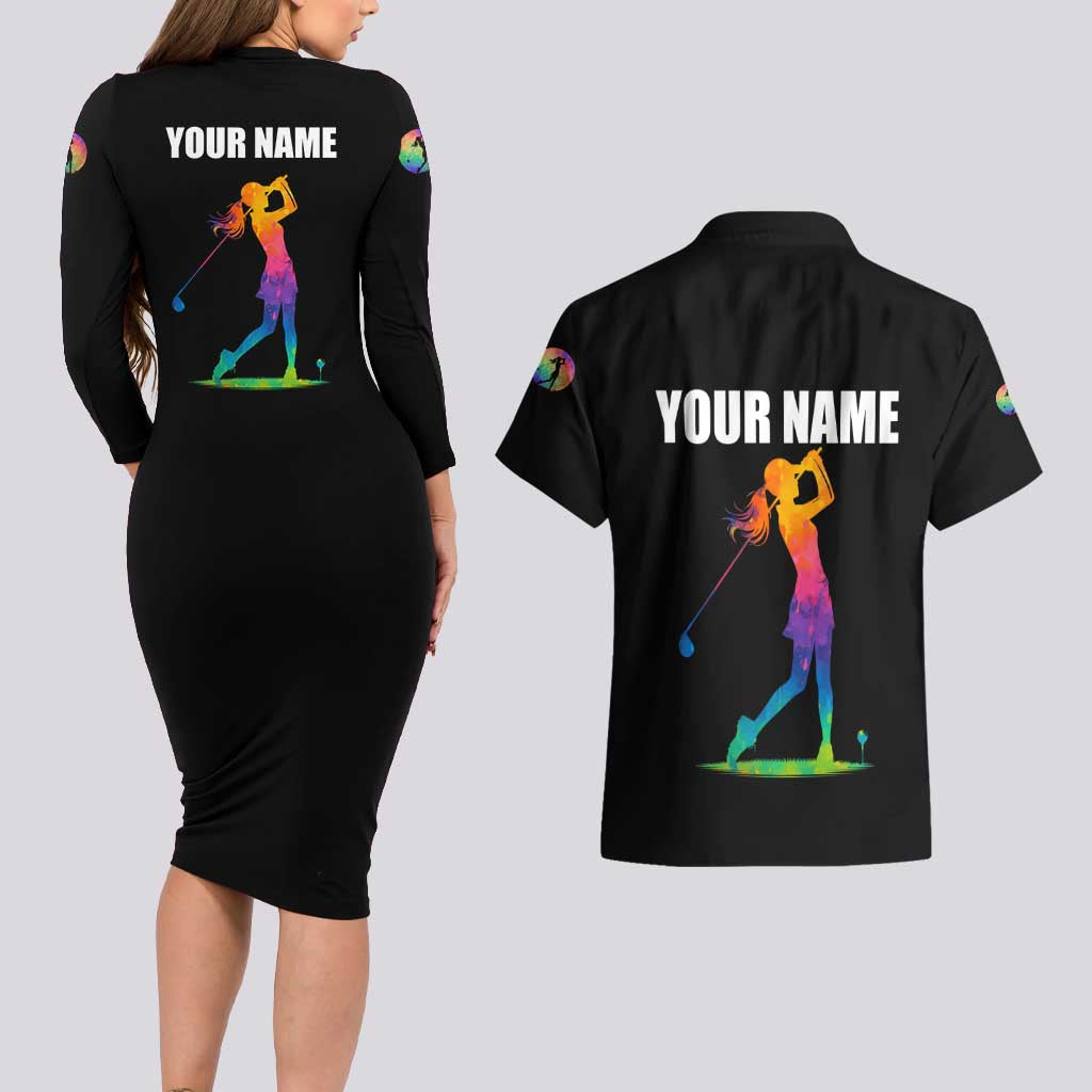 Colorful Golf Couples Matching Long Sleeve Bodycon Dress and Hawaiian Shirt Watercolor American Flag Female Golfer Silhouette in Rainbow Gradient - Wonder Print Shop