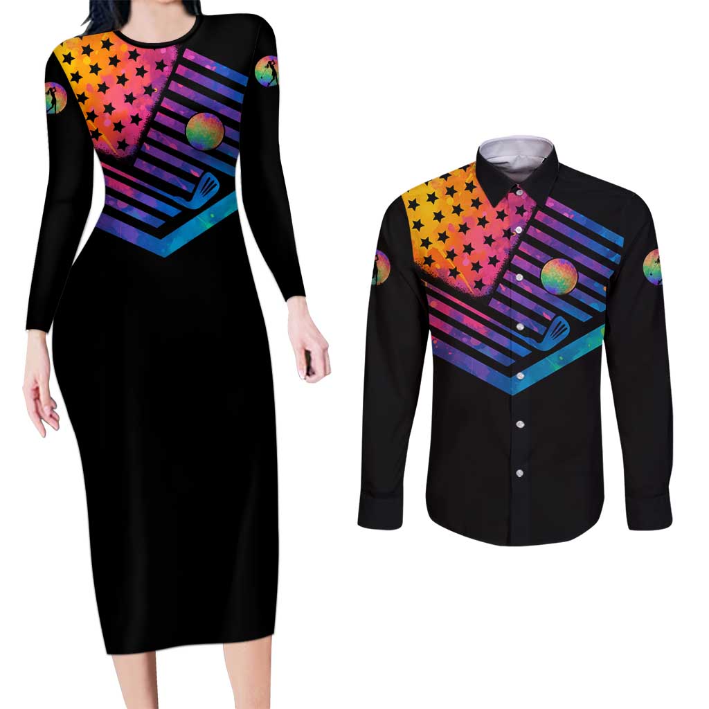 Colorful Golf Couples Matching Long Sleeve Bodycon Dress and Long Sleeve Button Shirt Watercolor American Flag Female Golfer Silhouette in Rainbow Gradient - Wonder Print Shop