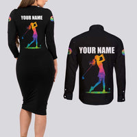Colorful Golf Couples Matching Long Sleeve Bodycon Dress and Long Sleeve Button Shirt Watercolor American Flag Female Golfer Silhouette in Rainbow Gradient - Wonder Print Shop