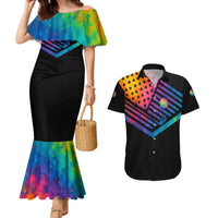 Colorful Golf Couples Matching Mermaid Dress and Hawaiian Shirt Watercolor American Flag Female Golfer Silhouette in Rainbow Gradient - Wonder Print Shop