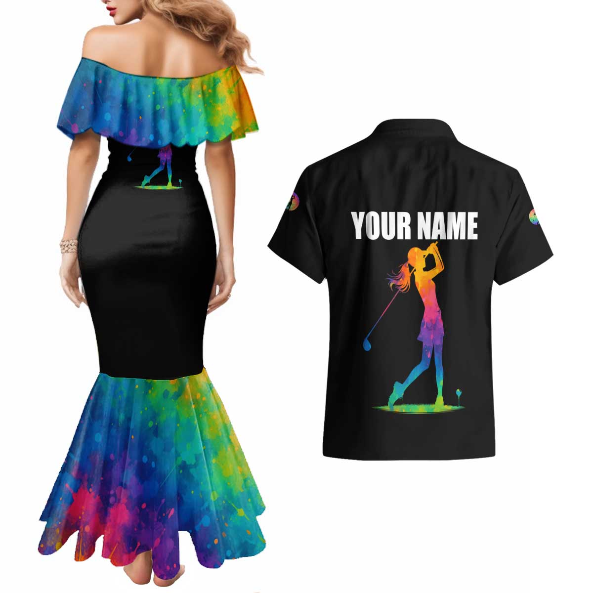 Colorful Golf Couples Matching Mermaid Dress and Hawaiian Shirt Watercolor American Flag Female Golfer Silhouette in Rainbow Gradient - Wonder Print Shop