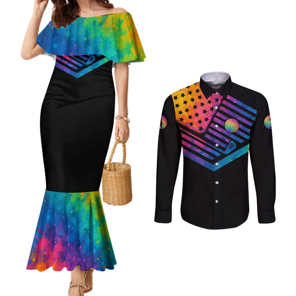 Colorful Golf Couples Matching Mermaid Dress and Long Sleeve Button Shirt Watercolor American Flag Female Golfer Silhouette in Rainbow Gradient - Wonder Print Shop