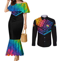 Colorful Golf Couples Matching Mermaid Dress and Long Sleeve Button Shirt Watercolor American Flag Female Golfer Silhouette in Rainbow Gradient - Wonder Print Shop