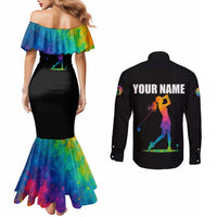 Colorful Golf Couples Matching Mermaid Dress and Long Sleeve Button Shirt Watercolor American Flag Female Golfer Silhouette in Rainbow Gradient - Wonder Print Shop