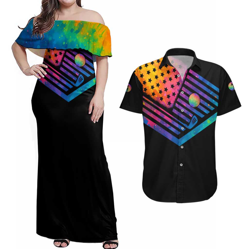 Colorful Golf Couples Matching Off Shoulder Maxi Dress and Hawaiian Shirt Watercolor American Flag Female Golfer Silhouette in Rainbow Gradient - Wonder Print Shop