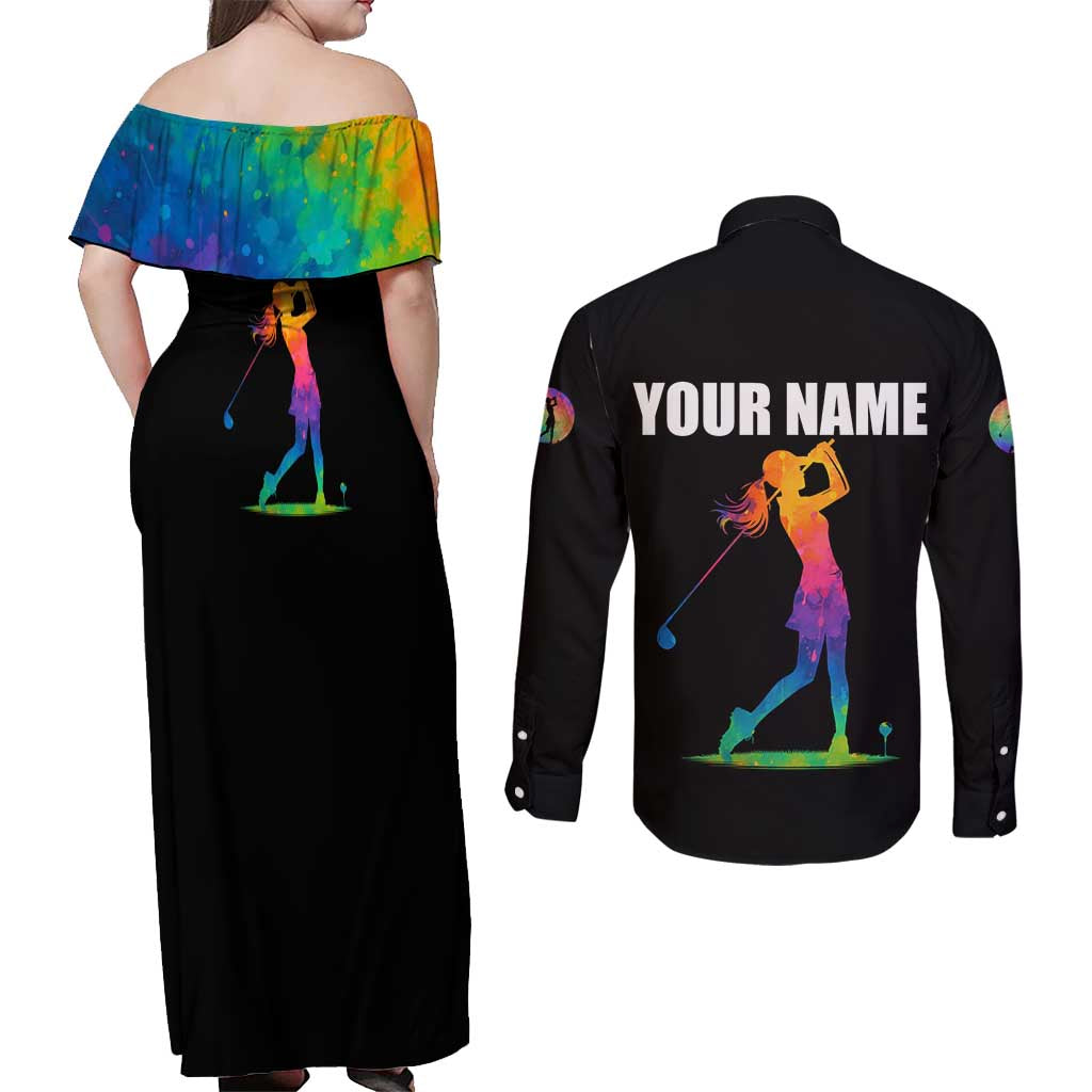 Colorful Golf Couples Matching Off Shoulder Maxi Dress and Long Sleeve Button Shirt Watercolor American Flag Female Golfer Silhouette in Rainbow Gradient - Wonder Print Shop