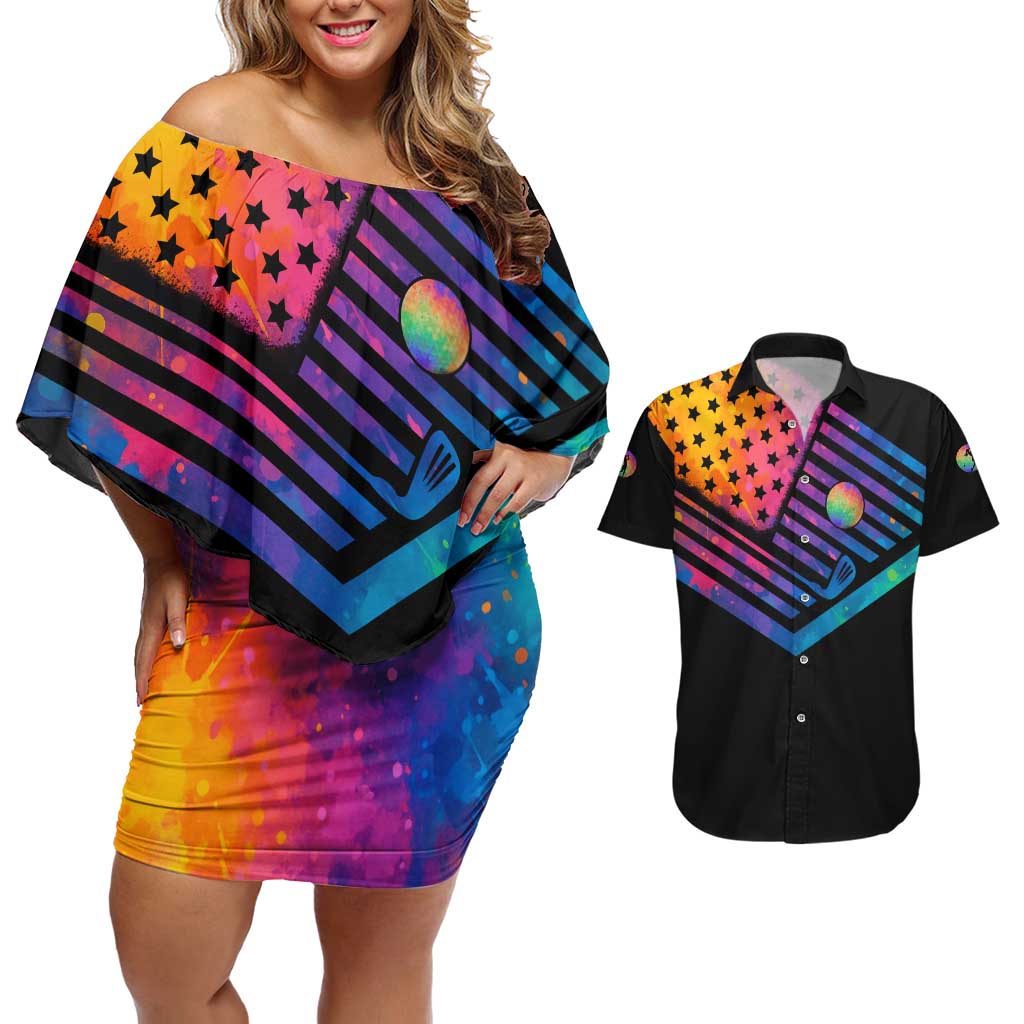 Colorful Golf Couples Matching Off Shoulder Short Dress and Hawaiian Shirt Watercolor American Flag Female Golfer Silhouette in Rainbow Gradient - Wonder Print Shop