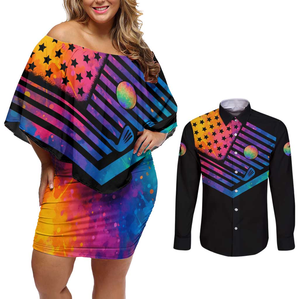 Colorful Golf Couples Matching Off Shoulder Short Dress and Long Sleeve Button Shirt Watercolor American Flag Female Golfer Silhouette in Rainbow Gradient - Wonder Print Shop