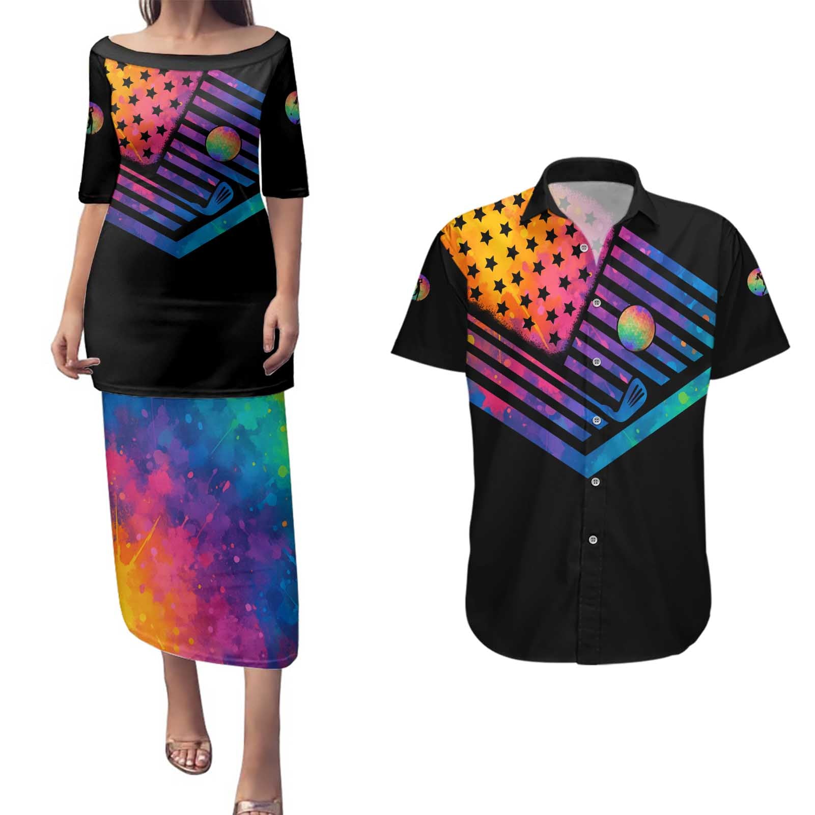 Colorful Golf Couples Matching Puletasi and Hawaiian Shirt Watercolor American Flag Female Golfer Silhouette in Rainbow Gradient - Wonder Print Shop