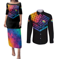 Colorful Golf Couples Matching Puletasi and Long Sleeve Button Shirt Watercolor American Flag Female Golfer Silhouette in Rainbow Gradient - Wonder Print Shop