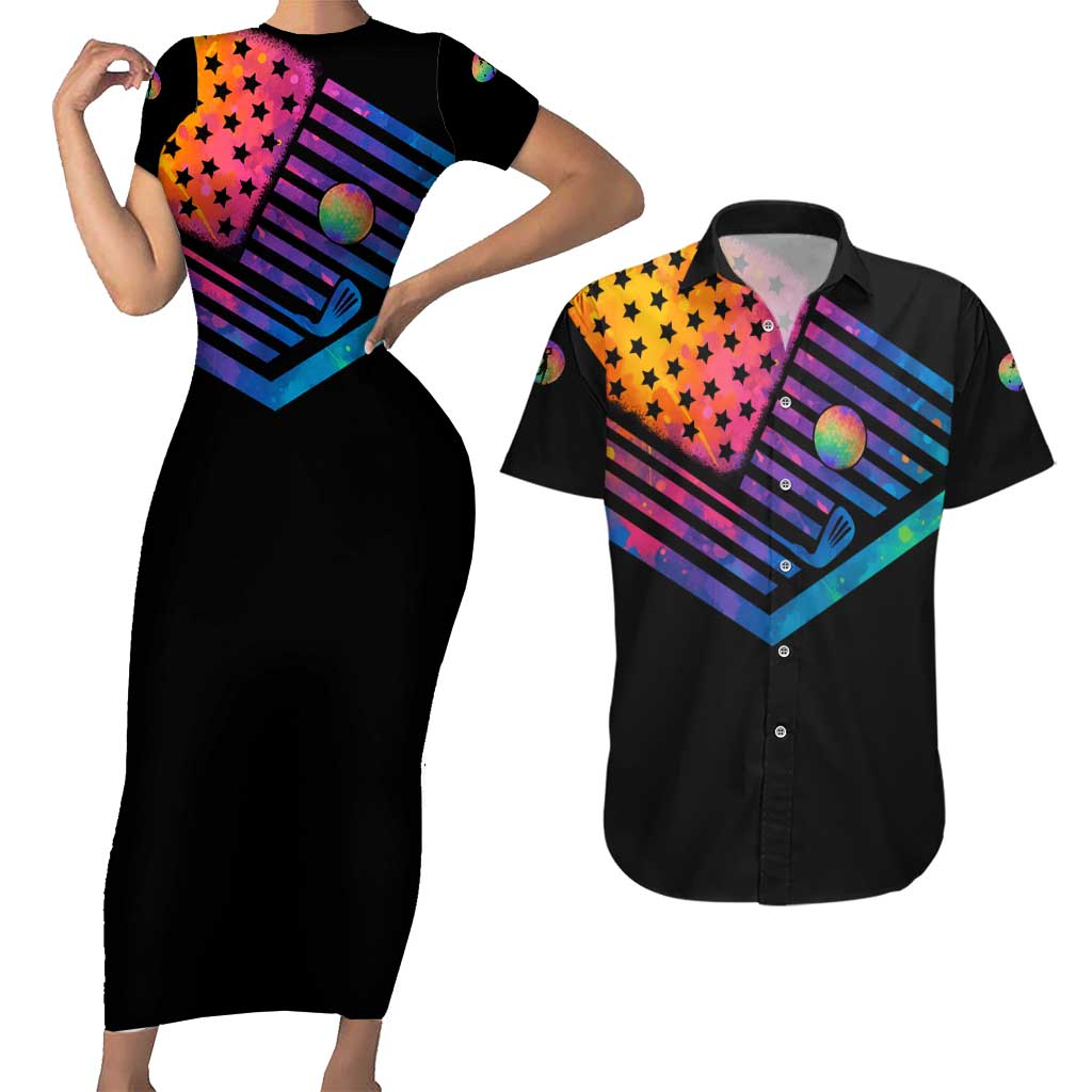 Colorful Golf Couples Matching Short Sleeve Bodycon Dress and Hawaiian Shirt Watercolor American Flag Female Golfer Silhouette in Rainbow Gradient - Wonder Print Shop