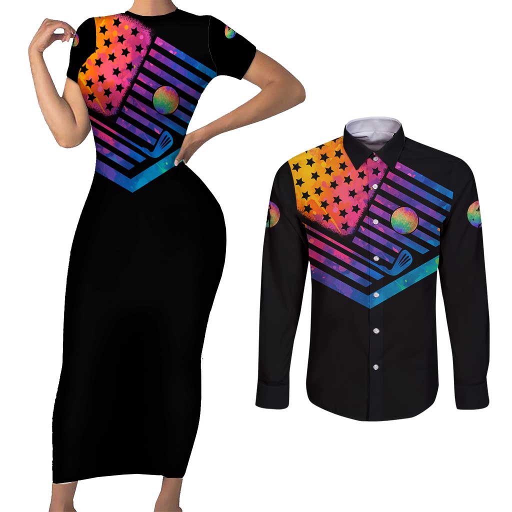Colorful Golf Couples Matching Short Sleeve Bodycon Dress and Long Sleeve Button Shirt Watercolor American Flag Female Golfer Silhouette in Rainbow Gradient - Wonder Print Shop