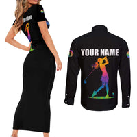 Colorful Golf Couples Matching Short Sleeve Bodycon Dress and Long Sleeve Button Shirt Watercolor American Flag Female Golfer Silhouette in Rainbow Gradient - Wonder Print Shop