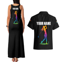Colorful Golf Couples Matching Tank Maxi Dress and Hawaiian Shirt Watercolor American Flag Female Golfer Silhouette in Rainbow Gradient - Wonder Print Shop