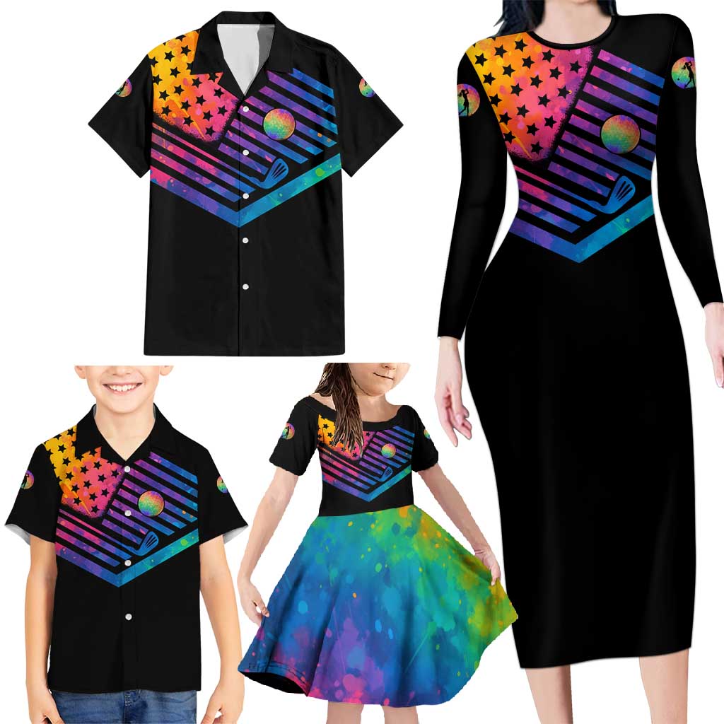 Colorful Golf Family Matching Long Sleeve Bodycon Dress and Hawaiian Shirt Watercolor American Flag Female Golfer Silhouette in Rainbow Gradient - Wonder Print Shop