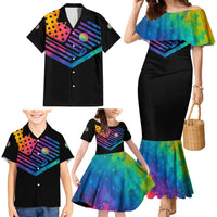 Colorful Golf Family Matching Mermaid Dress and Hawaiian Shirt Watercolor American Flag Female Golfer Silhouette in Rainbow Gradient - Wonder Print Shop