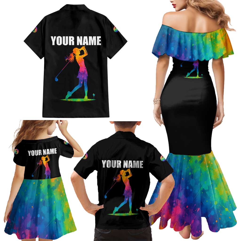 Colorful Golf Family Matching Mermaid Dress and Hawaiian Shirt Watercolor American Flag Female Golfer Silhouette in Rainbow Gradient - Wonder Print Shop