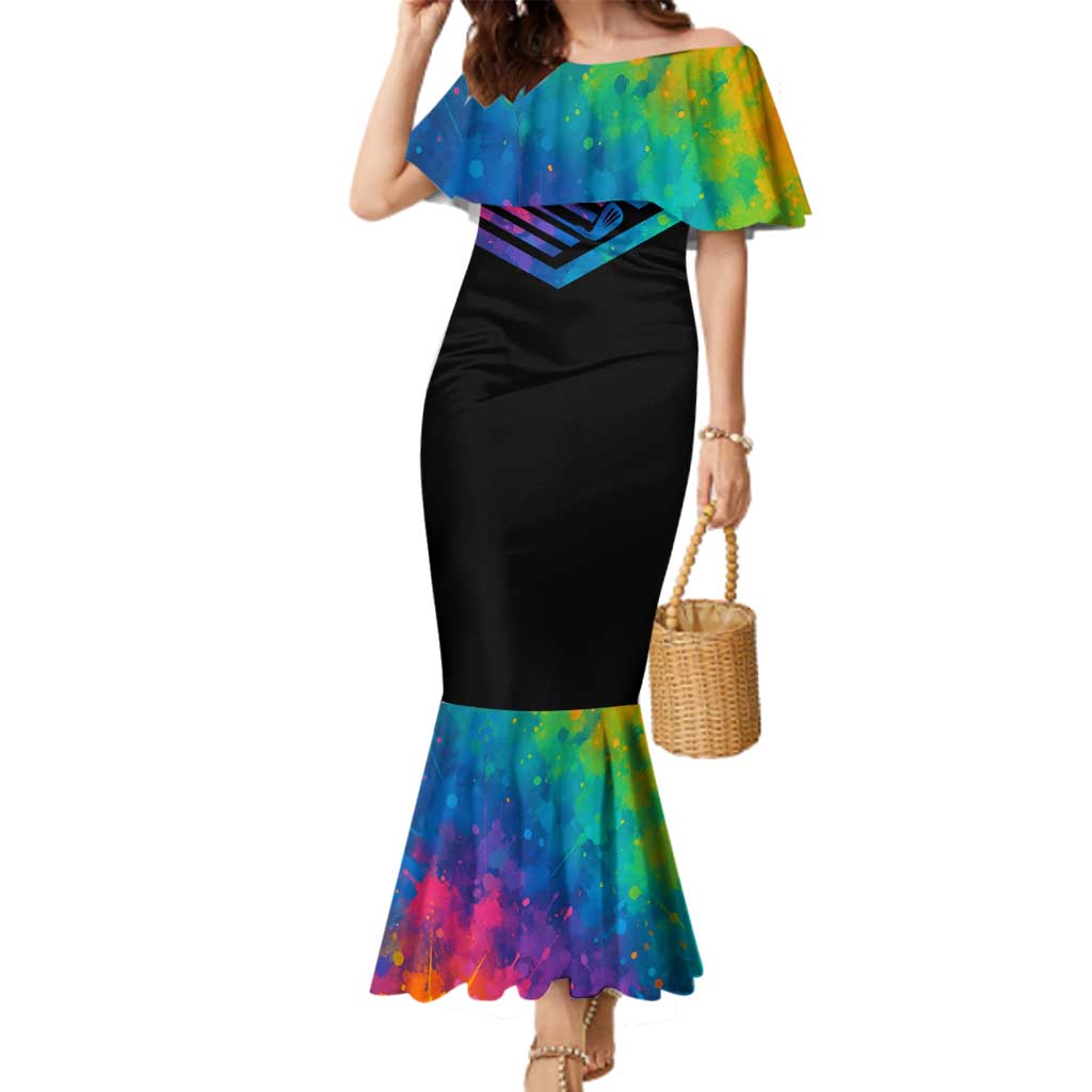 Colorful Golf Family Matching Mermaid Dress and Hawaiian Shirt Watercolor American Flag Female Golfer Silhouette in Rainbow Gradient - Wonder Print Shop