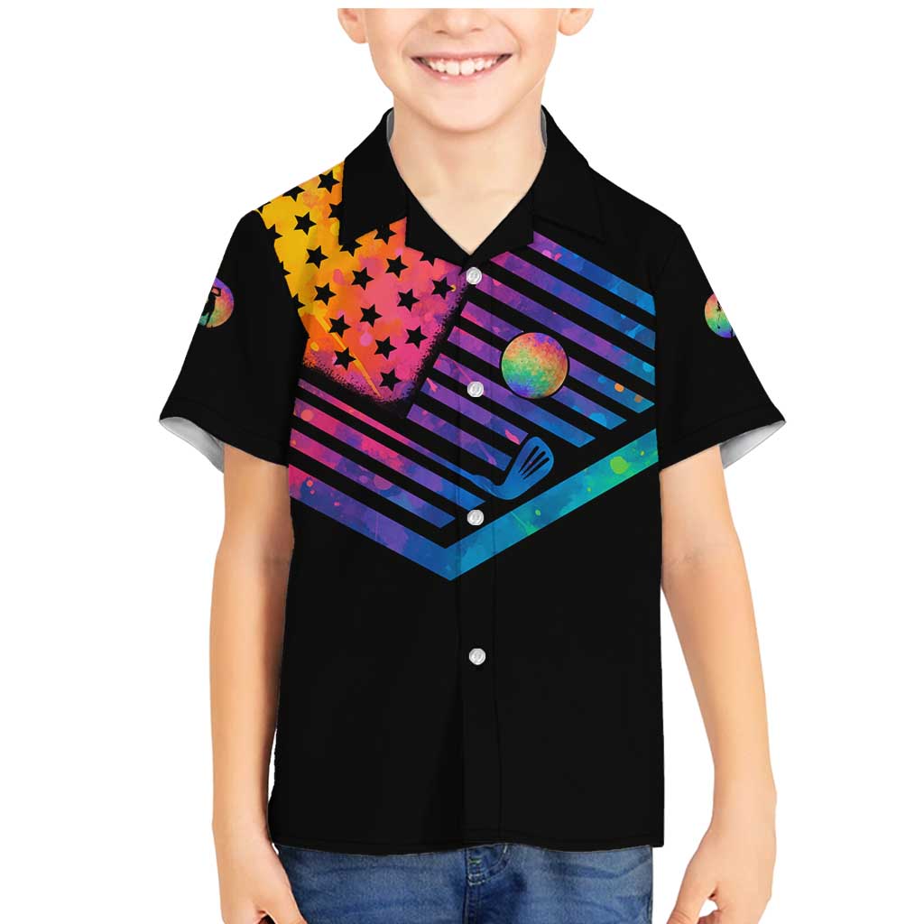 Colorful Golf Family Matching Mermaid Dress and Hawaiian Shirt Watercolor American Flag Female Golfer Silhouette in Rainbow Gradient - Wonder Print Shop