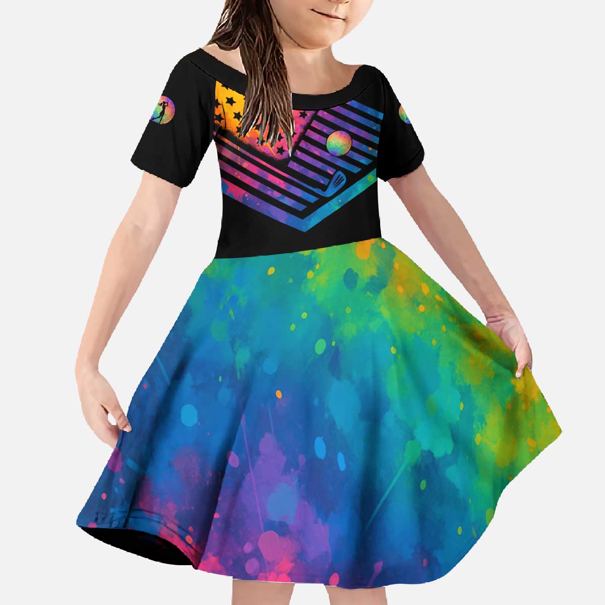 Colorful Golf Family Matching Off The Shoulder Long Sleeve Dress and Hawaiian Shirt Watercolor American Flag Female Golfer Silhouette in Rainbow Gradient - Wonder Print Shop