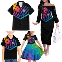 Colorful Golf Family Matching Off The Shoulder Long Sleeve Dress and Hawaiian Shirt Watercolor American Flag Female Golfer Silhouette in Rainbow Gradient - Wonder Print Shop