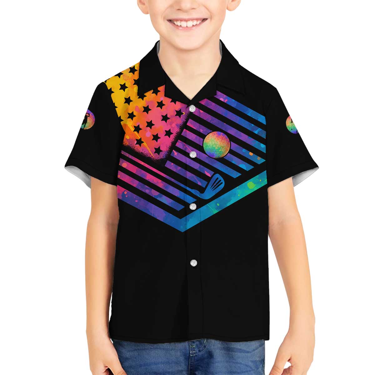 Colorful Golf Family Matching Off The Shoulder Long Sleeve Dress and Hawaiian Shirt Watercolor American Flag Female Golfer Silhouette in Rainbow Gradient - Wonder Print Shop