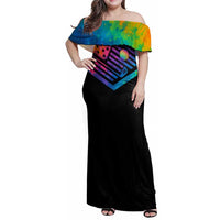 Colorful Golf Family Matching Off Shoulder Maxi Dress and Hawaiian Shirt Watercolor American Flag Female Golfer Silhouette in Rainbow Gradient - Wonder Print Shop