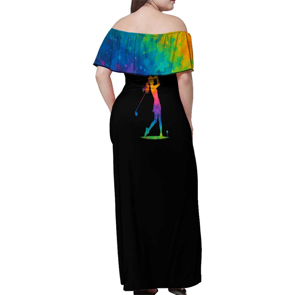 Colorful Golf Family Matching Off Shoulder Maxi Dress and Hawaiian Shirt Watercolor American Flag Female Golfer Silhouette in Rainbow Gradient - Wonder Print Shop