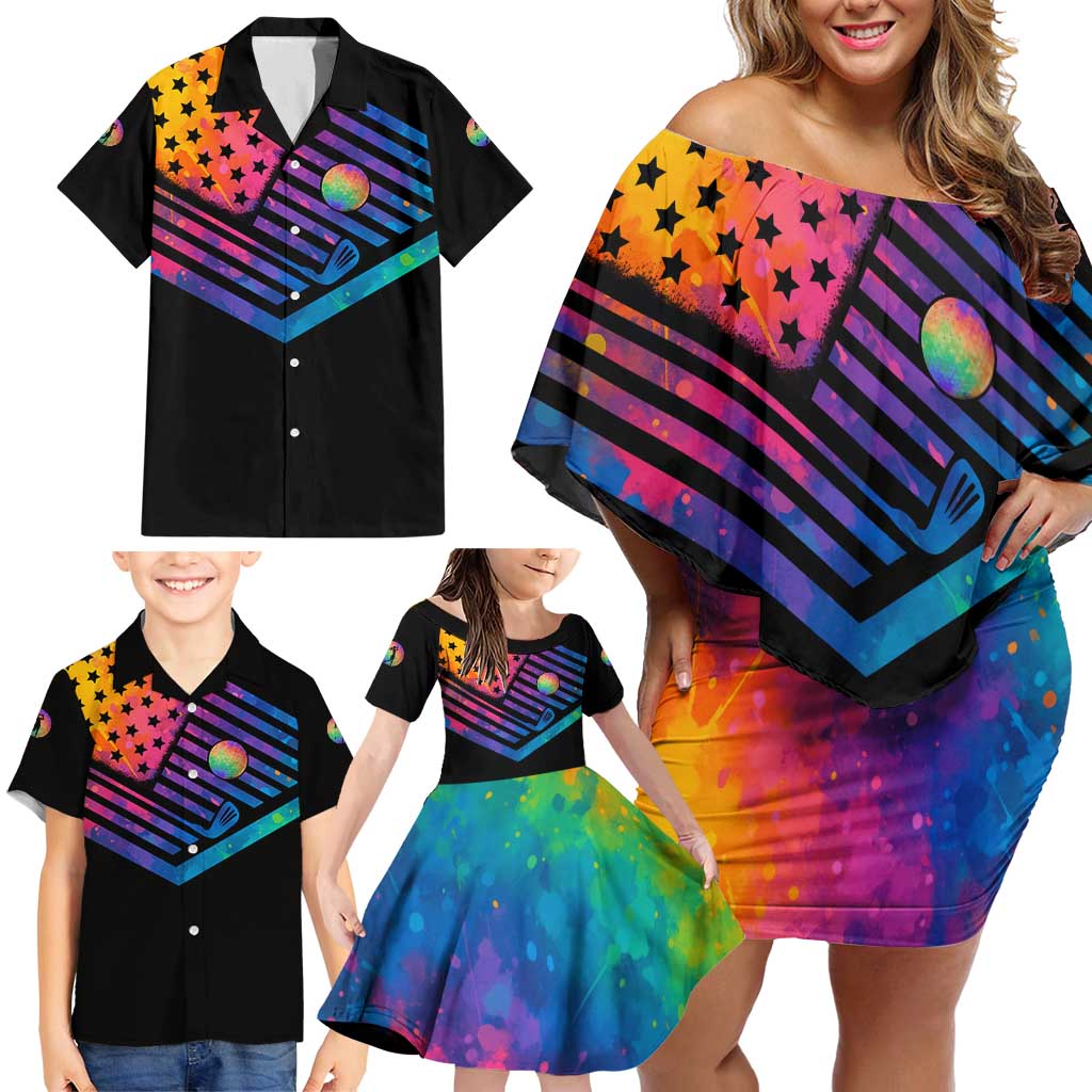 Colorful Golf Family Matching Off Shoulder Short Dress and Hawaiian Shirt Watercolor American Flag Female Golfer Silhouette in Rainbow Gradient - Wonder Print Shop