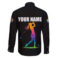 Colorful Golf Family Matching Off Shoulder Short Dress and Hawaiian Shirt Watercolor American Flag Female Golfer Silhouette in Rainbow Gradient - Wonder Print Shop