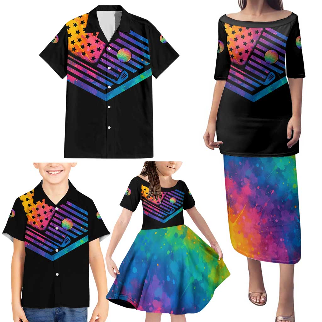 Colorful Golf Family Matching Puletasi and Hawaiian Shirt Watercolor American Flag Female Golfer Silhouette in Rainbow Gradient - Wonder Print Shop