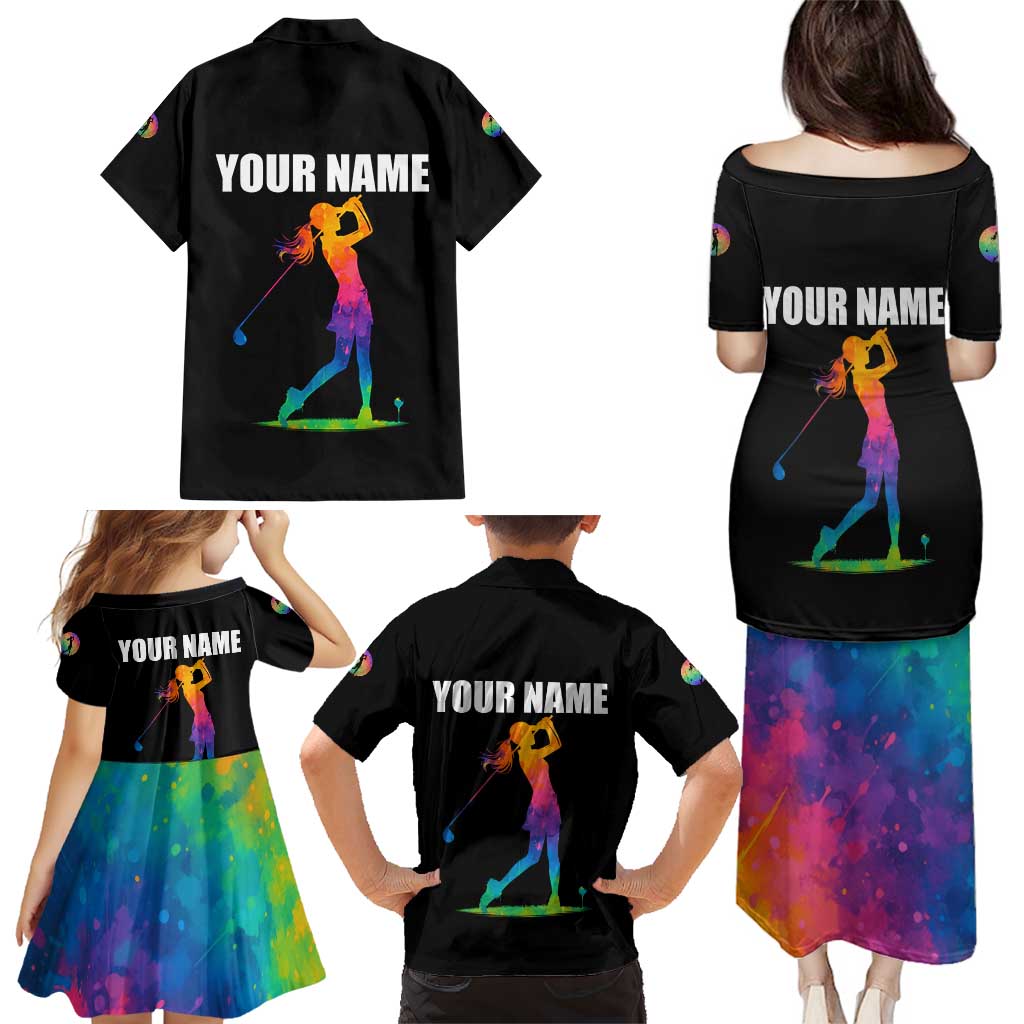 Colorful Golf Family Matching Puletasi and Hawaiian Shirt Watercolor American Flag Female Golfer Silhouette in Rainbow Gradient - Wonder Print Shop