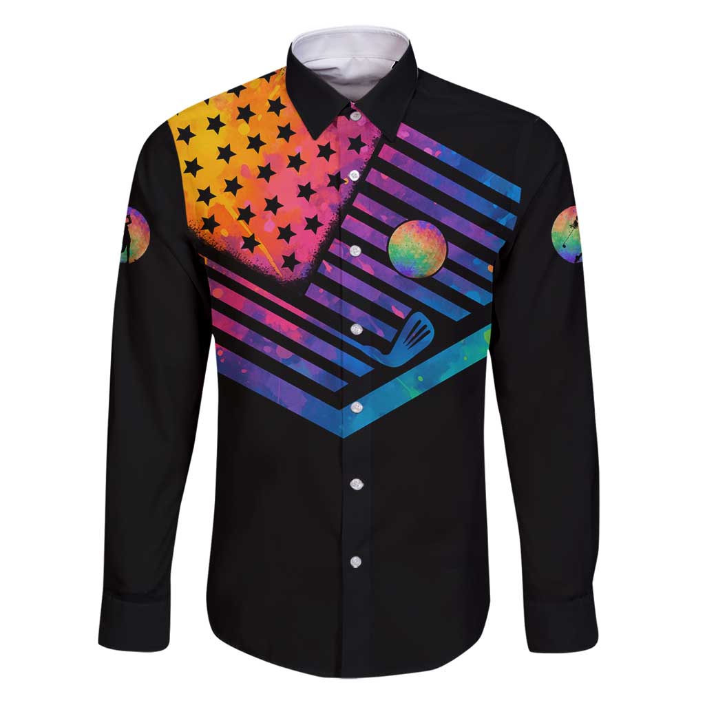 Colorful Golf Family Matching Puletasi and Hawaiian Shirt Watercolor American Flag Female Golfer Silhouette in Rainbow Gradient - Wonder Print Shop