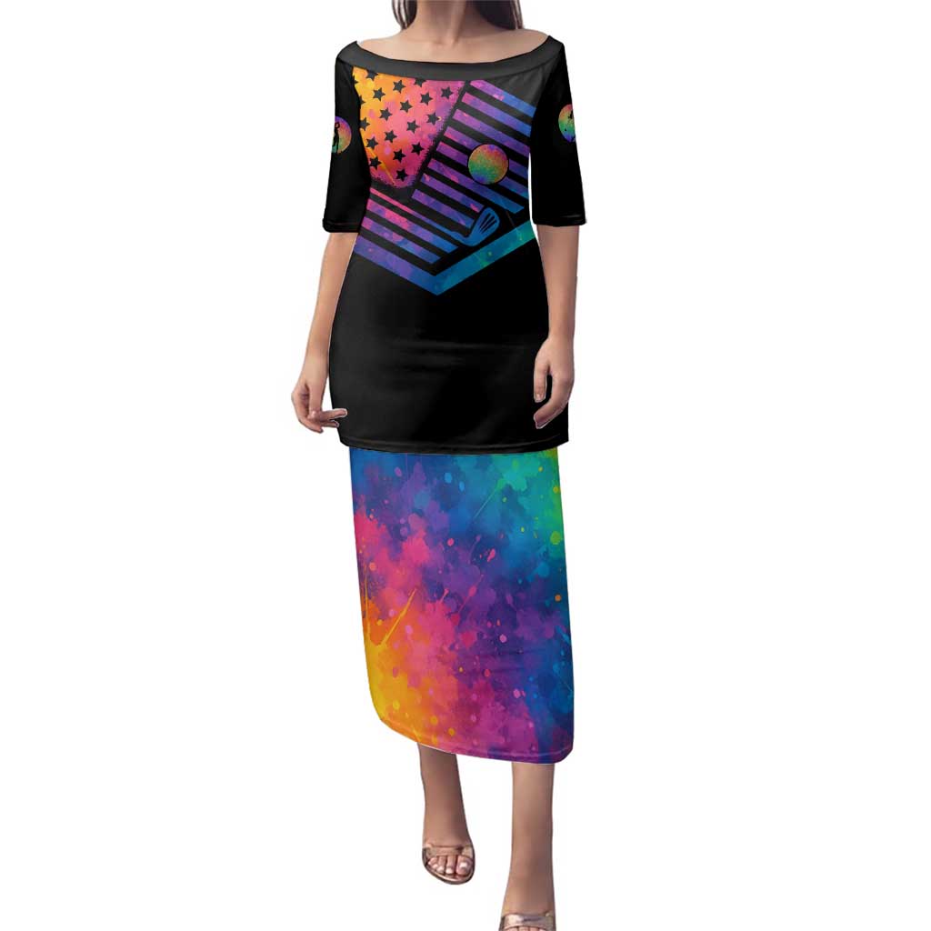 Colorful Golf Family Matching Puletasi and Hawaiian Shirt Watercolor American Flag Female Golfer Silhouette in Rainbow Gradient - Wonder Print Shop