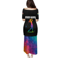 Colorful Golf Family Matching Puletasi and Hawaiian Shirt Watercolor American Flag Female Golfer Silhouette in Rainbow Gradient - Wonder Print Shop