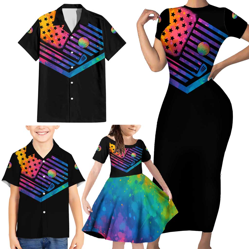 Colorful Golf Family Matching Short Sleeve Bodycon Dress and Hawaiian Shirt Watercolor American Flag Female Golfer Silhouette in Rainbow Gradient - Wonder Print Shop