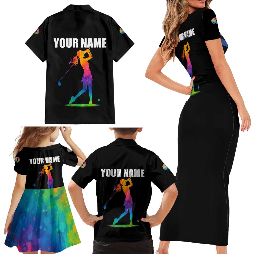 Colorful Golf Family Matching Short Sleeve Bodycon Dress and Hawaiian Shirt Watercolor American Flag Female Golfer Silhouette in Rainbow Gradient - Wonder Print Shop