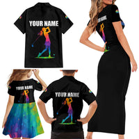 Colorful Golf Family Matching Short Sleeve Bodycon Dress and Hawaiian Shirt Watercolor American Flag Female Golfer Silhouette in Rainbow Gradient - Wonder Print Shop
