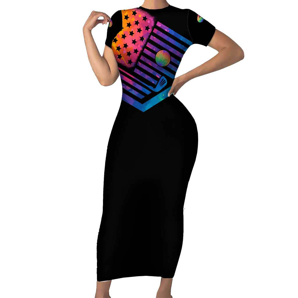 Colorful Golf Family Matching Short Sleeve Bodycon Dress and Hawaiian Shirt Watercolor American Flag Female Golfer Silhouette in Rainbow Gradient - Wonder Print Shop