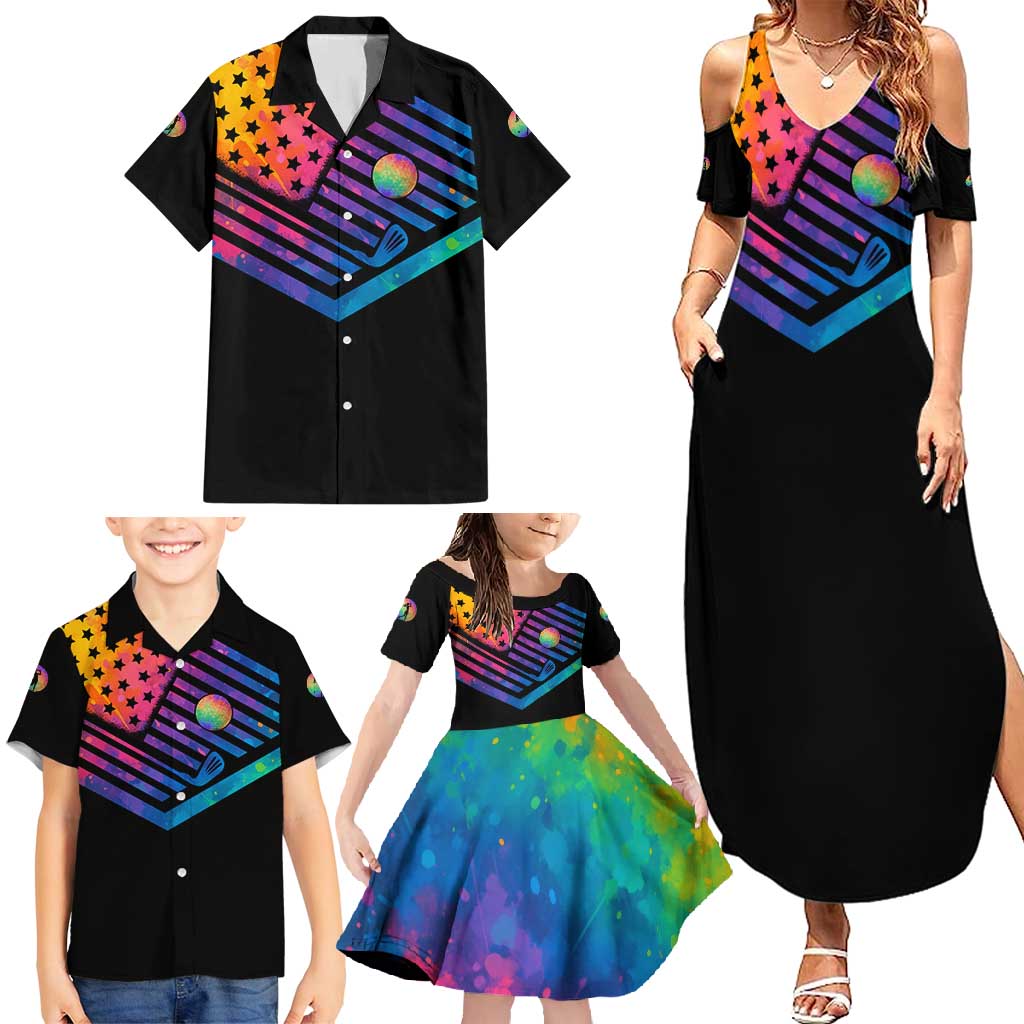Colorful Golf Family Matching Summer Maxi Dress and Hawaiian Shirt Watercolor American Flag Female Golfer Silhouette in Rainbow Gradient - Wonder Print Shop